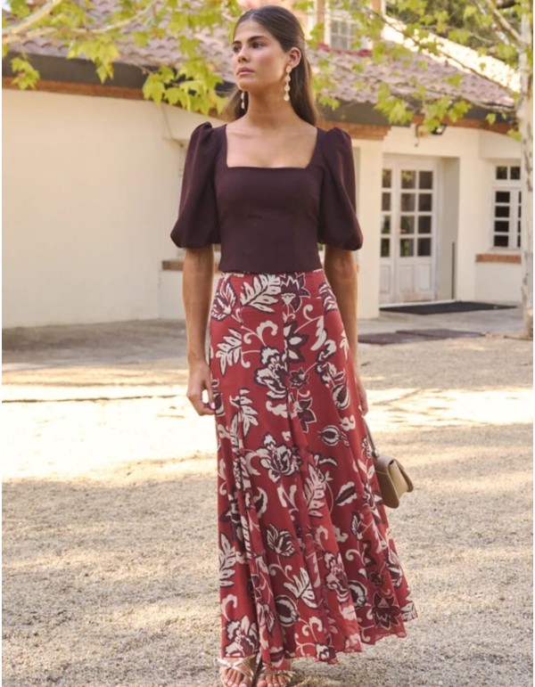 Terracotta midi skirt with a floral print and... 2