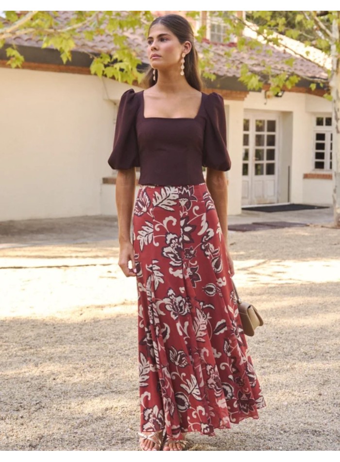 Terracotta midi skirt with a floral print and...