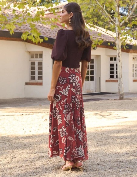 Terracotta midi skirt with a floral print and asymmetrical ruffles