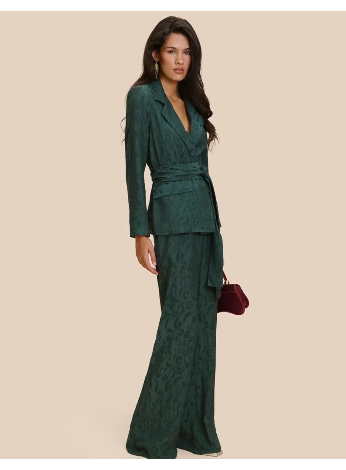 Green jacquard suit pants with a flared silhouette