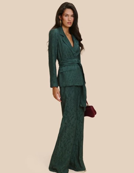 Green jacquard suit pants with a flared silhouette