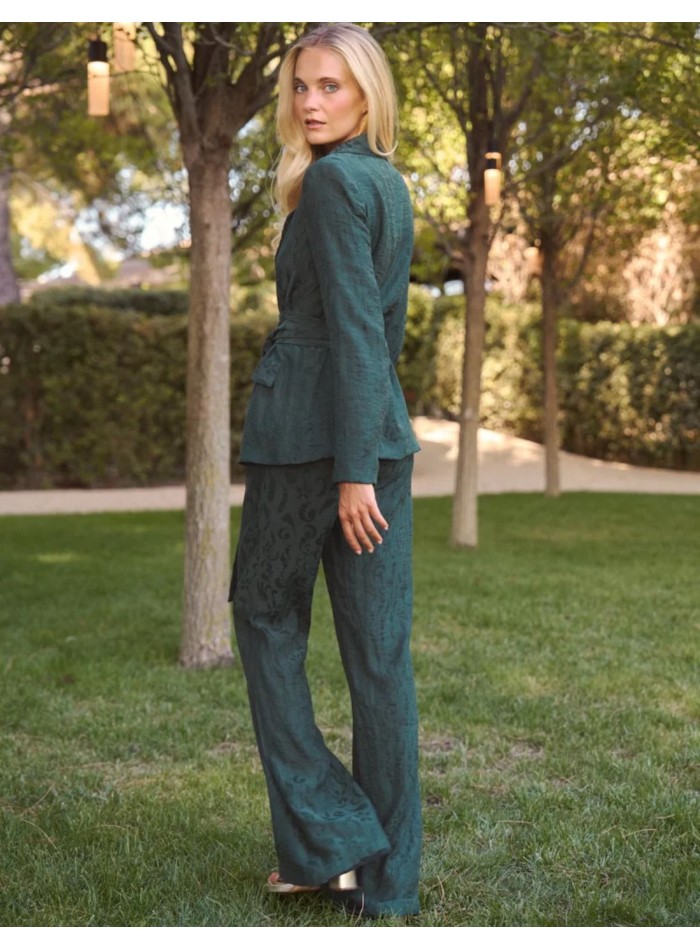 Green jacquard suit pants with a flared silhouette