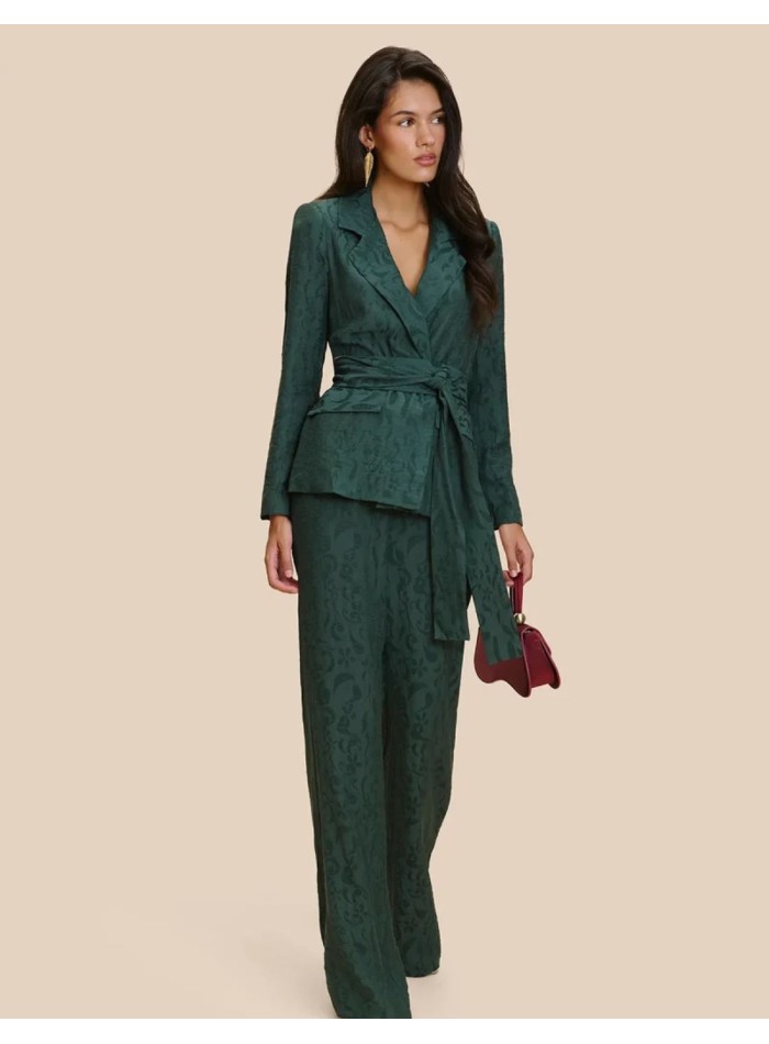 Green jacquard suit pants with a flared silhouette