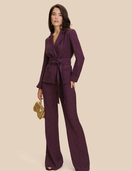 Aubergine-colored jacquard suit pants with a flared silhouette