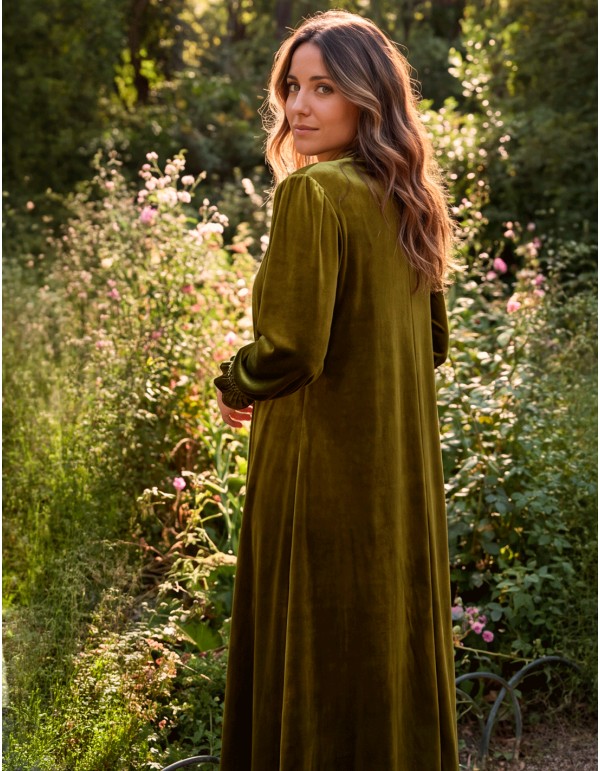 Kimono verde oliva de terciopelo para mujer