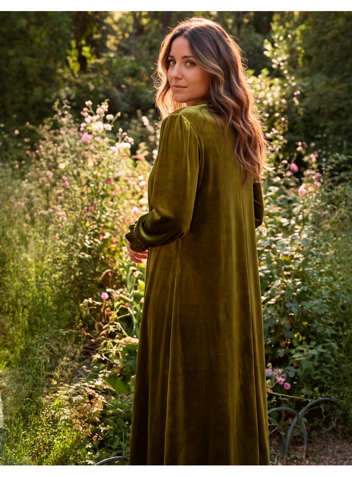 Kimono verde oliva de terciopelo para mujer