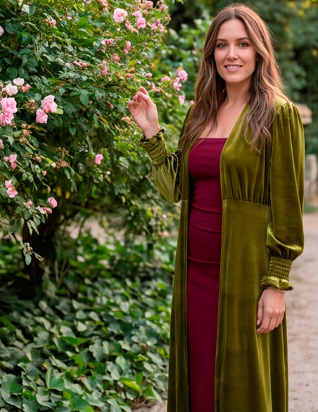 olive green women’s kimono with a warm and sophisticated aesthetic