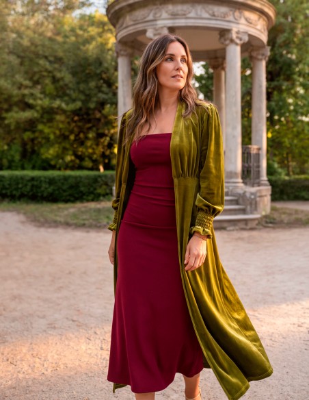 Olive green velvet kimono for casual looks