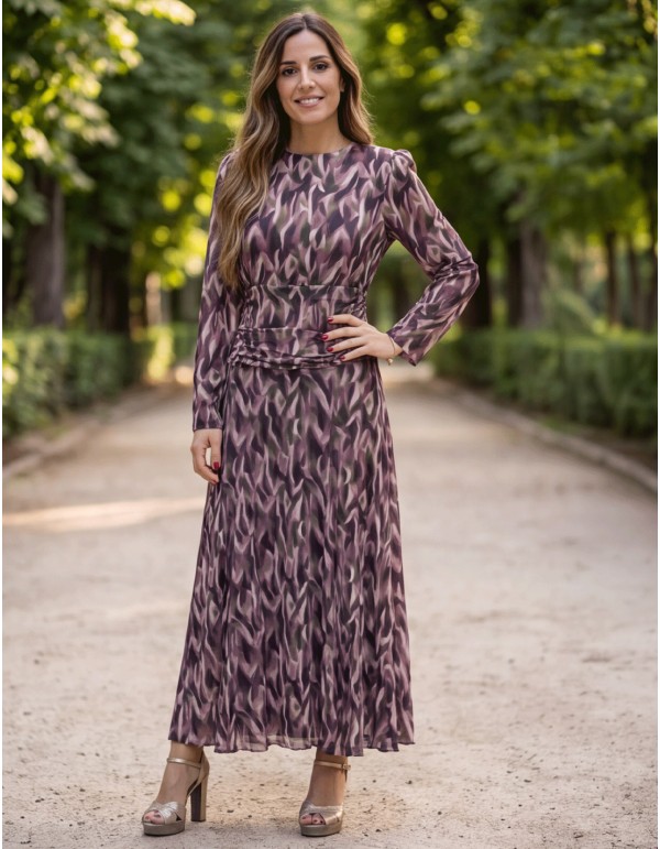 Vestido midi estampado de manga larga con detalles drapeados