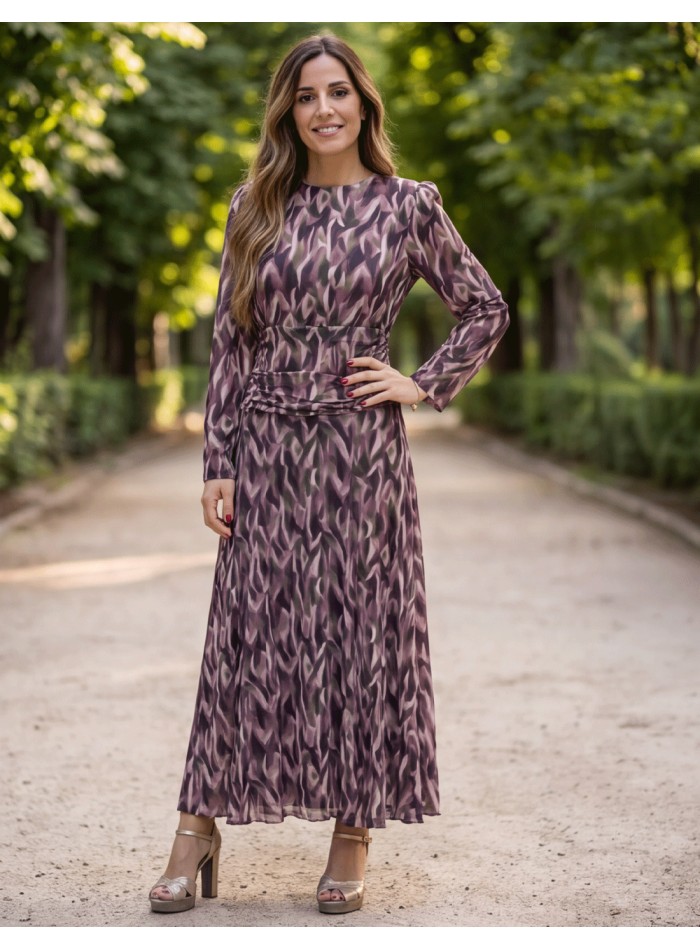 Long-sleeved printed midi dress with draped...
