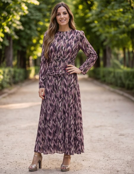 Vestido midi estampado de manga larga con detalles drapeados