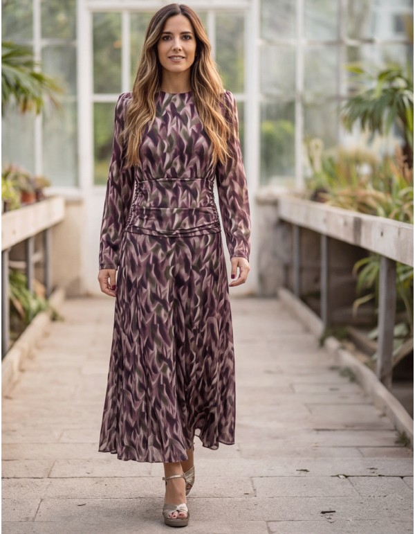 Long-sleeved printed midi dress with draped details 2
