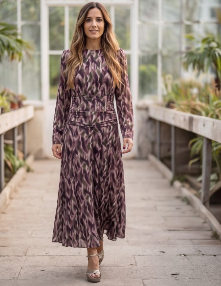 Robe midi imprimée à manches longues avec des détails drapés
