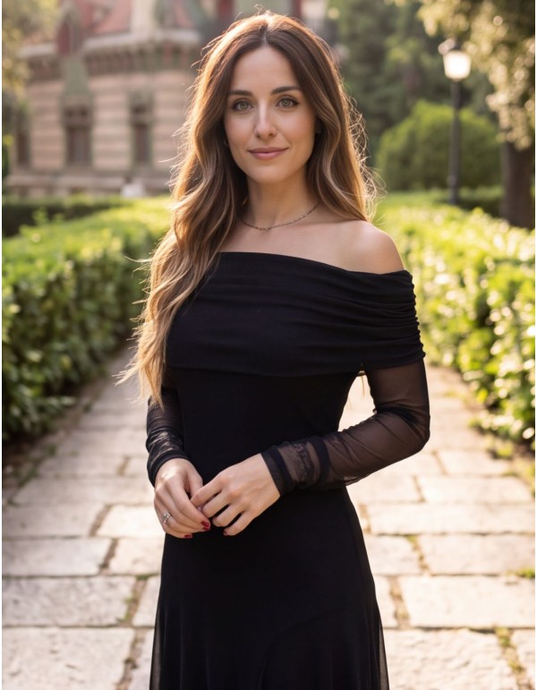 Vestido negro de tul con escote bardot y manga larga 2