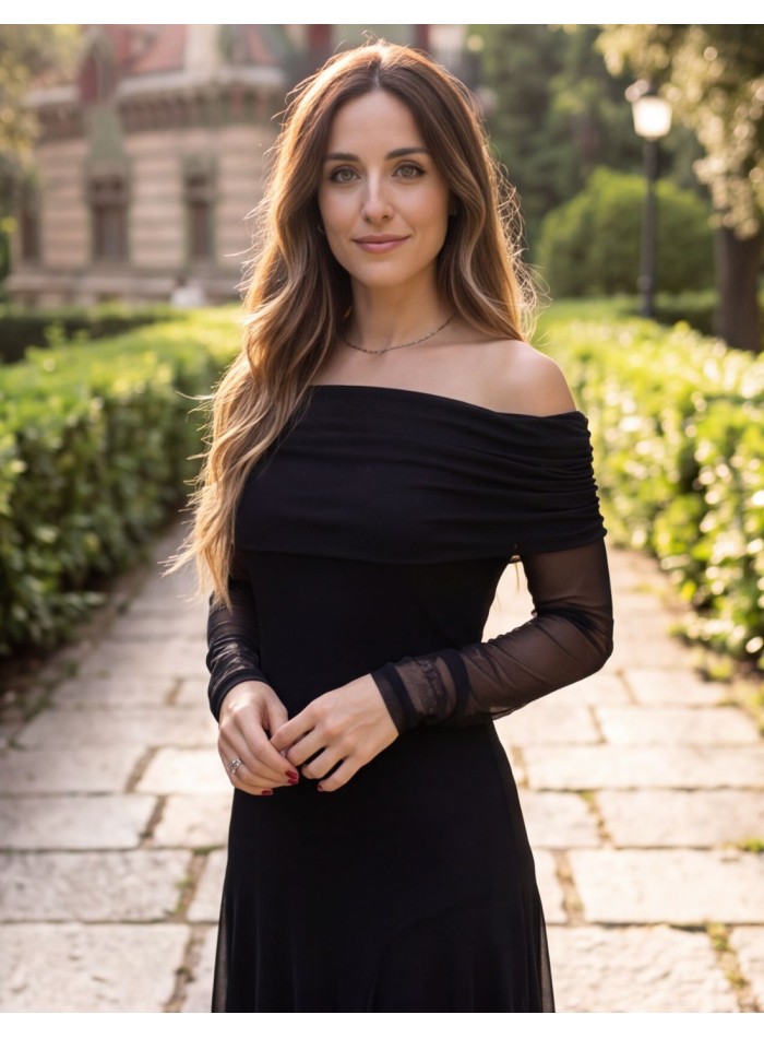 Vestido negro de tul con escote bardot y manga...