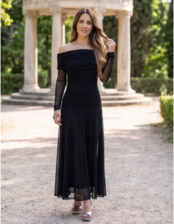 Vestido negro de tul con escote bardot y manga larga