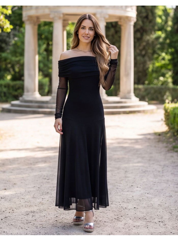 Vestido negro de tul con escote bardot y manga...