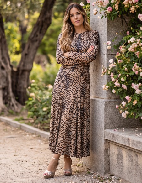 Robe midi à manches longues avec imprimé animalier