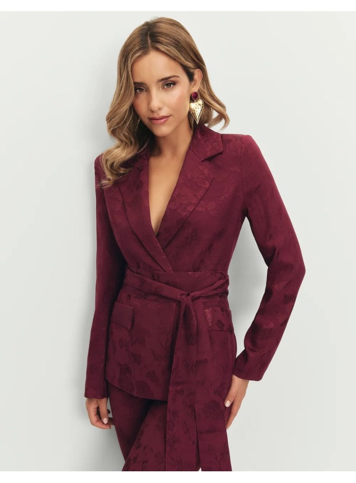 Aubergine-colored jacquard blazer with a sash