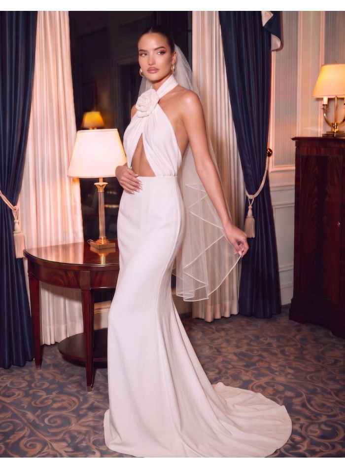 Long dress with a crossover neckline and an...