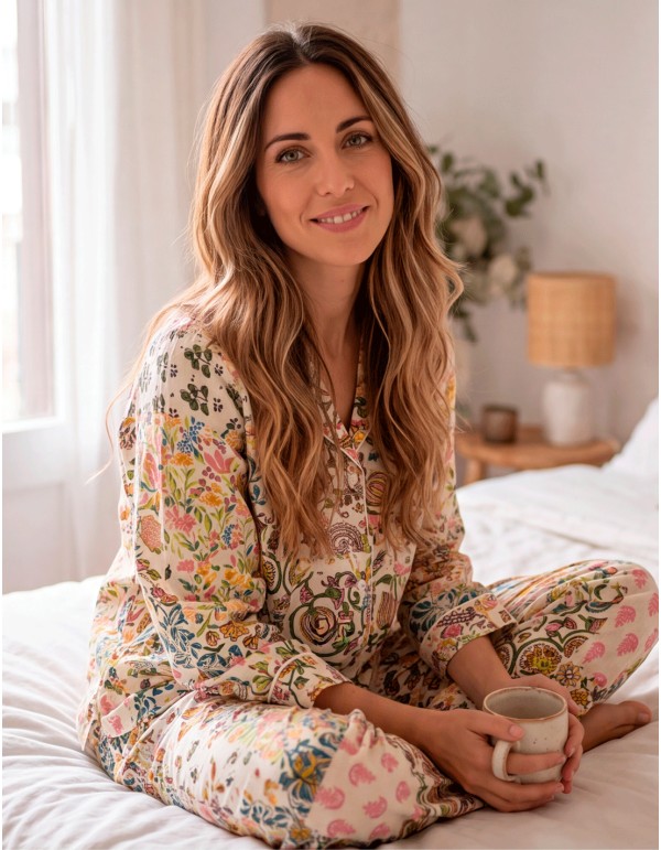 Pijama artesanal de algodón con estampado patchwork – 3 piezas