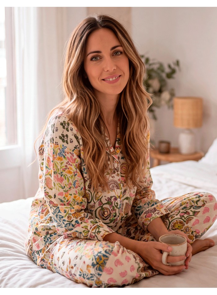 Pijama artesanal de algodón con estampado patchwork – 3 piezas
