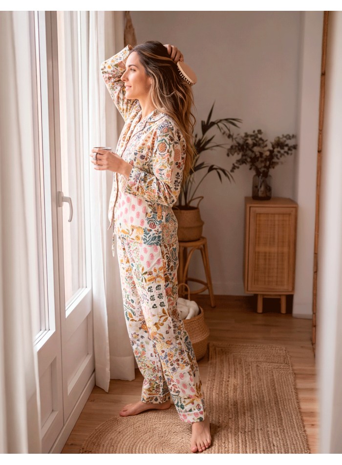 Pyjama pour femme confectionné à la main en coton, orné d’un imprimé patchwork multicolore