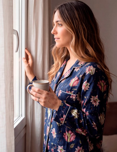 Handmade navy blue cotton pajamas with a floral print – 3-piece set