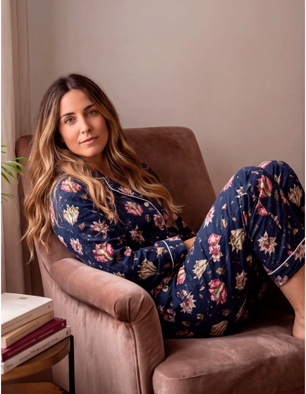 Pyjama artisanal en coton bleu marine à motifs floraux –...
