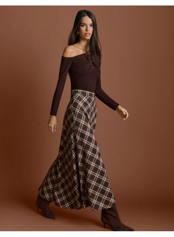 Falda midi de talle alto en estampado de cuadros para casual