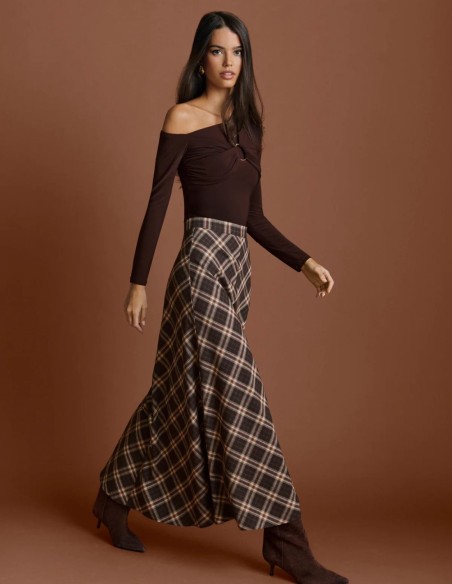 Jupe midi à taille haute à carreaux