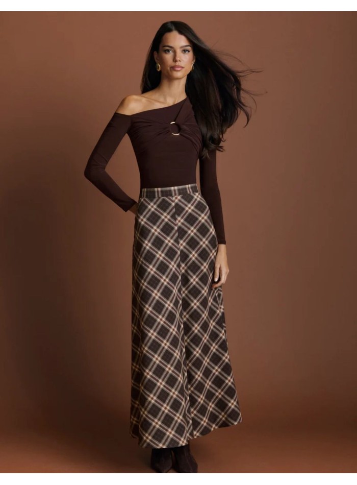 Jupe midi à taille haute à carreaux