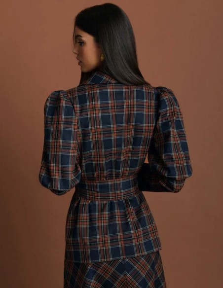 A flowing tartan twill jacket with puffed, balloon-style sleeves
