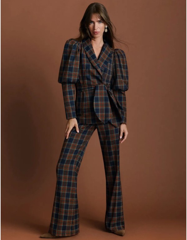Pantalon taille haute à coupe évasée en sergé tartan