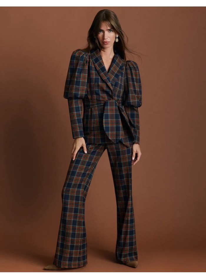 High-waisted, flared-leg pants in tartan twill