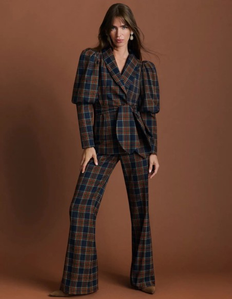 Pantalon taille haute à coupe évasée en sergé tartan