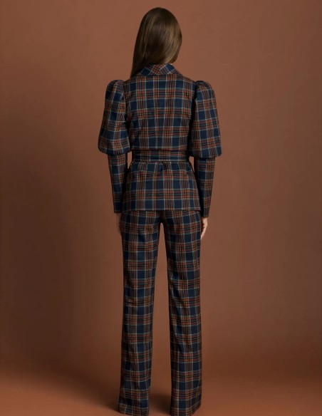 High-waisted, flared-leg pants in tartan twill