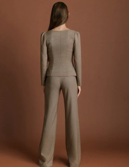 Pantalon coupe droite à motif pied-de-poule marron et bordeaux