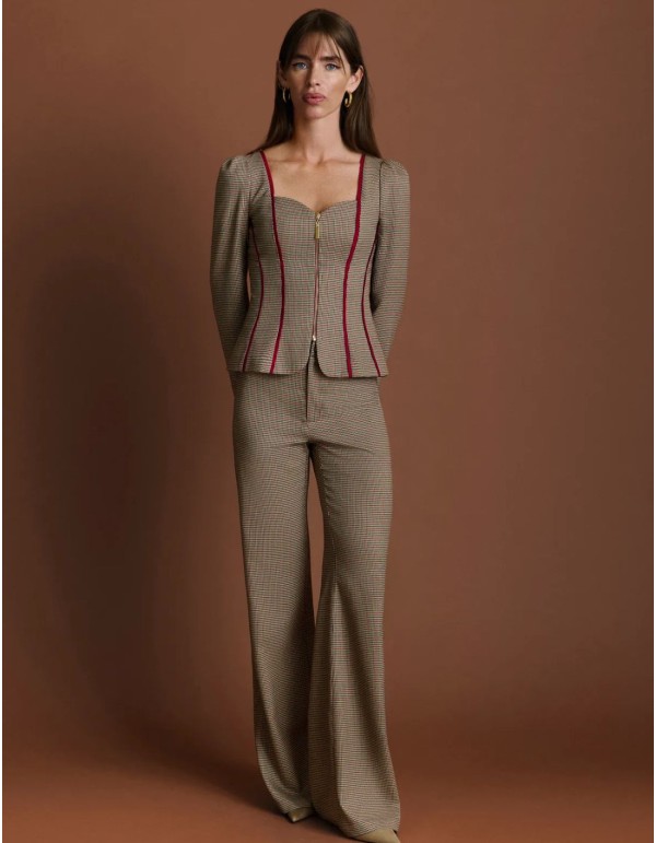 Pantalon coupe droite à motif pied-de-poule marron et...