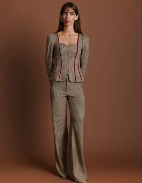 Pantalon coupe droite à motif pied-de-poule marron et bordeaux