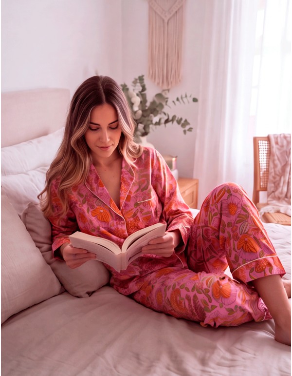Handcrafted pink and orange cotton pajamas with a floral print – 3-piece set 2