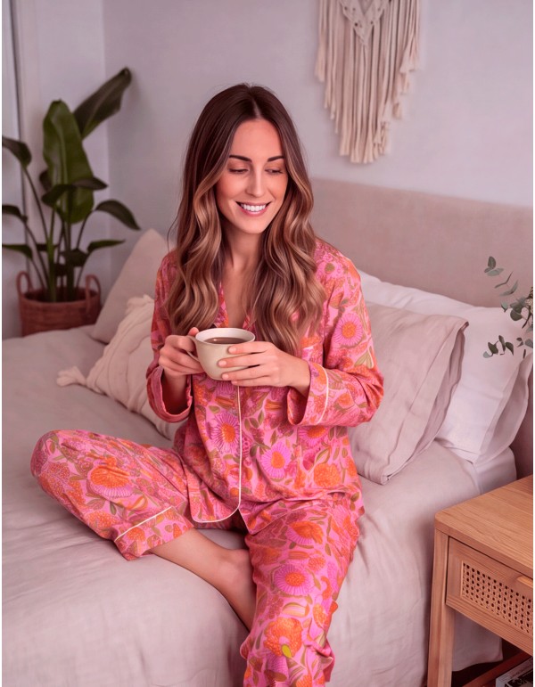 Pijama artesanal de algodón rosa y naranja con estampado floral – 3 piezas
