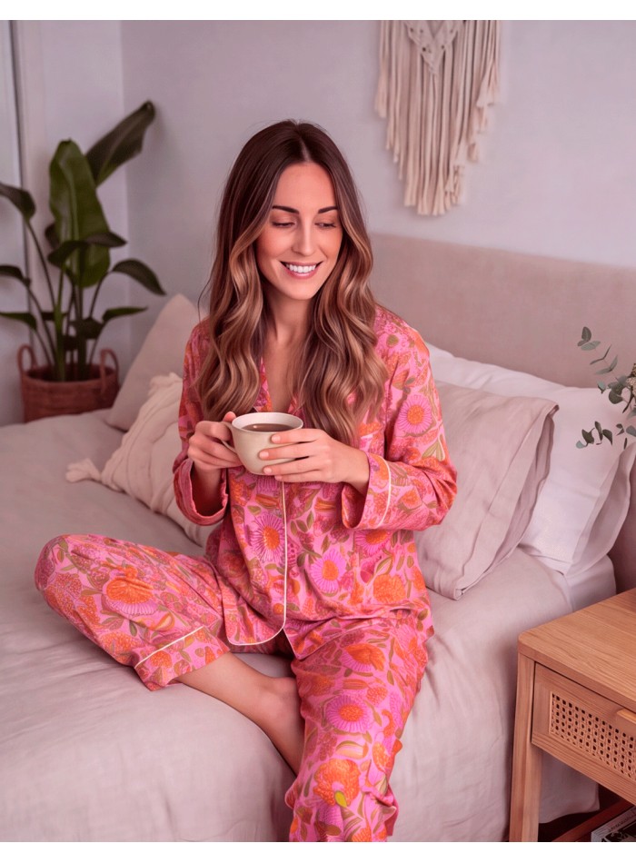 Handcrafted pink and orange cotton pajamas with a floral print – 3-piece set