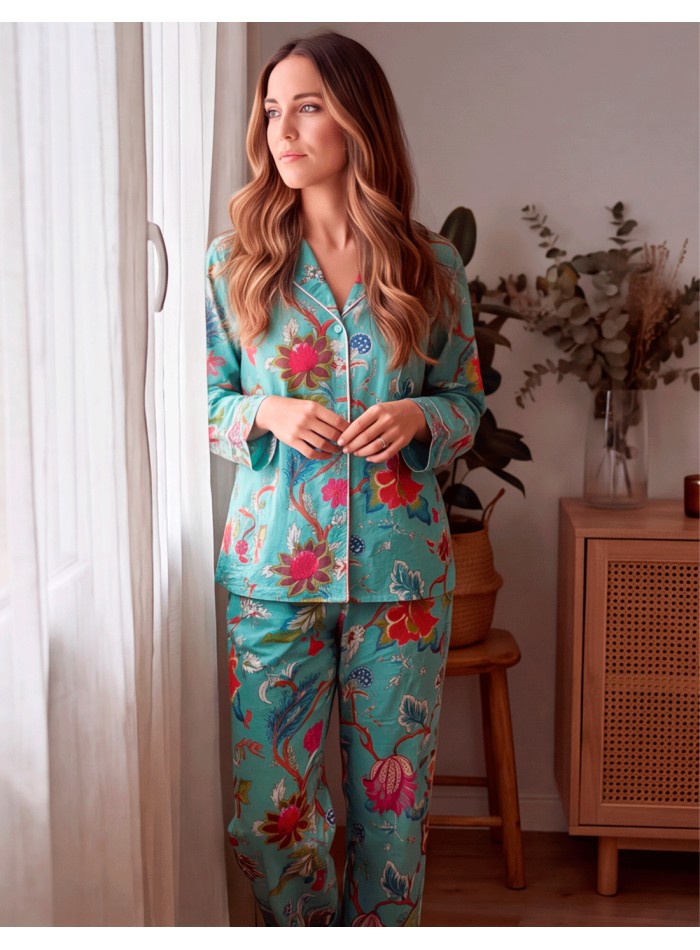 Handcrafted turquoise cotton pajamas with a...
