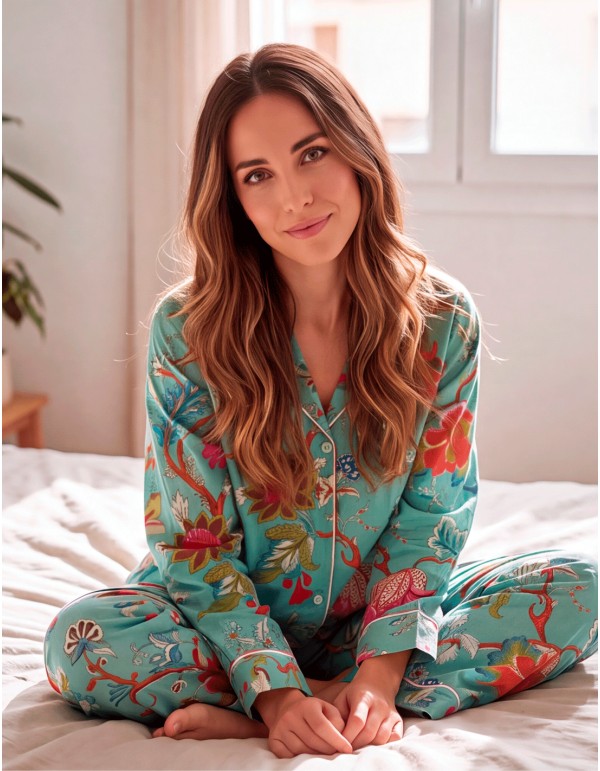 Handcrafted turquoise cotton pajamas with a floral print... 2