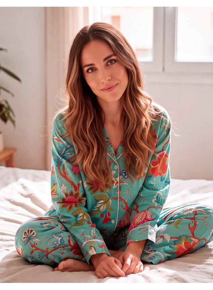 Handcrafted turquoise cotton pajamas with a...