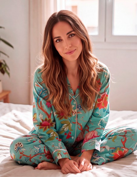 Handcrafted turquoise cotton pajamas with a floral print – 3-piece set