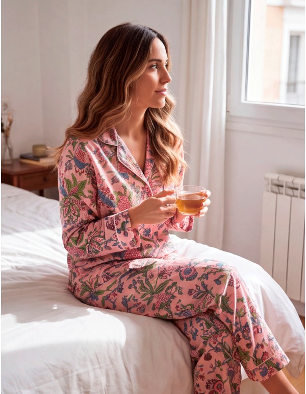 Pijama rosa de algodón con estampado botánico romántico – 3 piezas