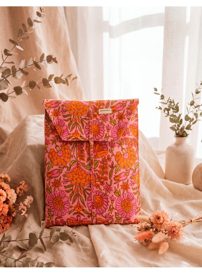 bolsa del Pijama artesanal de algodón rosa y naranja con estampado floral