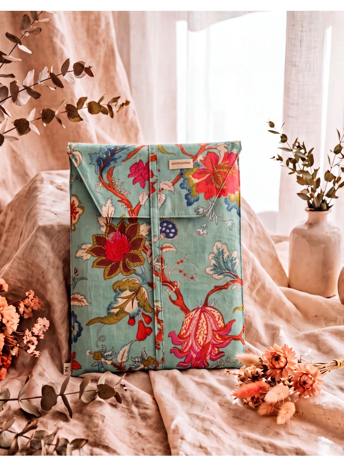 Matching fabric bag Handcrafted turquoise cotton pajamas with a floral print